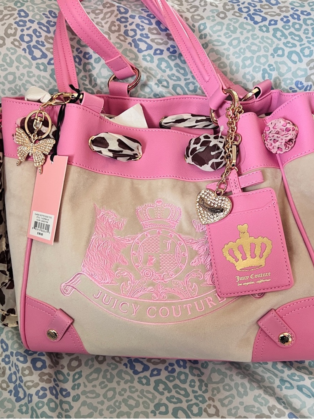 New Pink Beige Juicy Couture Purse Daydreamer Tote Bag Velour Scottie Dog Custom